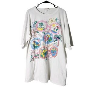 Vintage Theda Joy T-Shirt One Size White Tropical Print